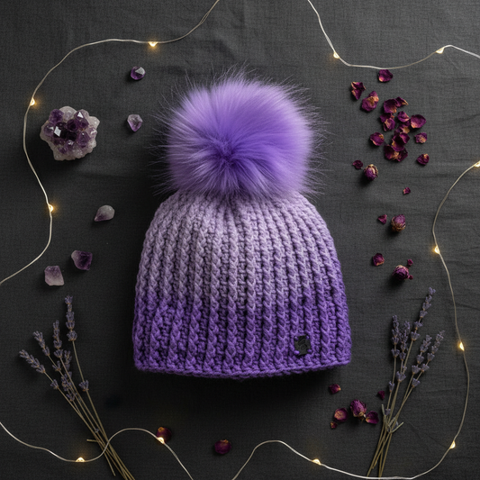 Amethyst Cloud hand-crocheted ribbed beanie in gradient purple yarn with matching plush faux fur pom styled in elegant flat ay highlighting thick winter stitch detail with warm accents for winter wear