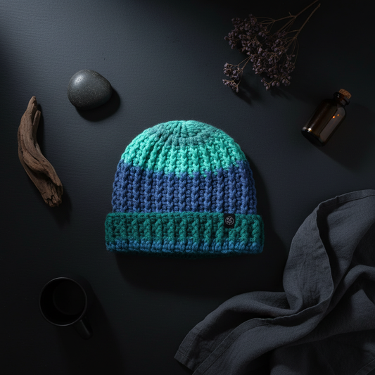 aqua descent crochet beanie with brim ribbed winter hat cold weather headwear structured knit beanie Still-Life stylized with sprig, driftwood and a smooth black rock