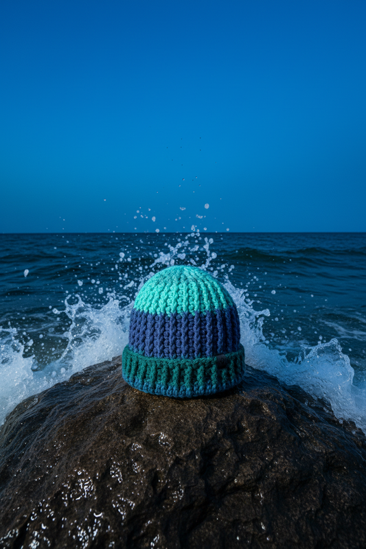 aqua descent crochet beanie with brim ribbed winter hat cold weather headwear structured knit beanie Standalone on pacific coast Rock Waves