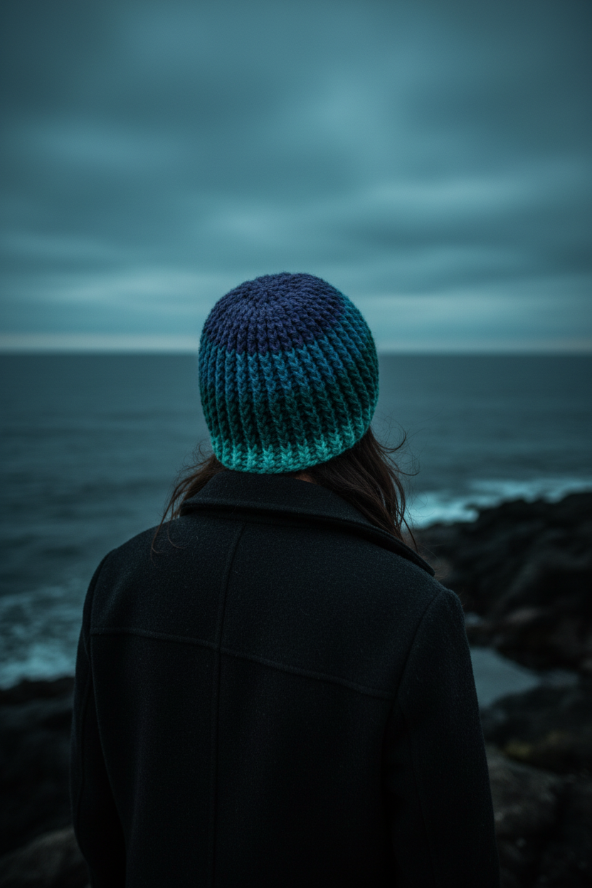 Aqua Descent crochet beanie winter hat cold weather headwear structured crochet beanie on model in Climate on pacific coastal rocks On top of Head