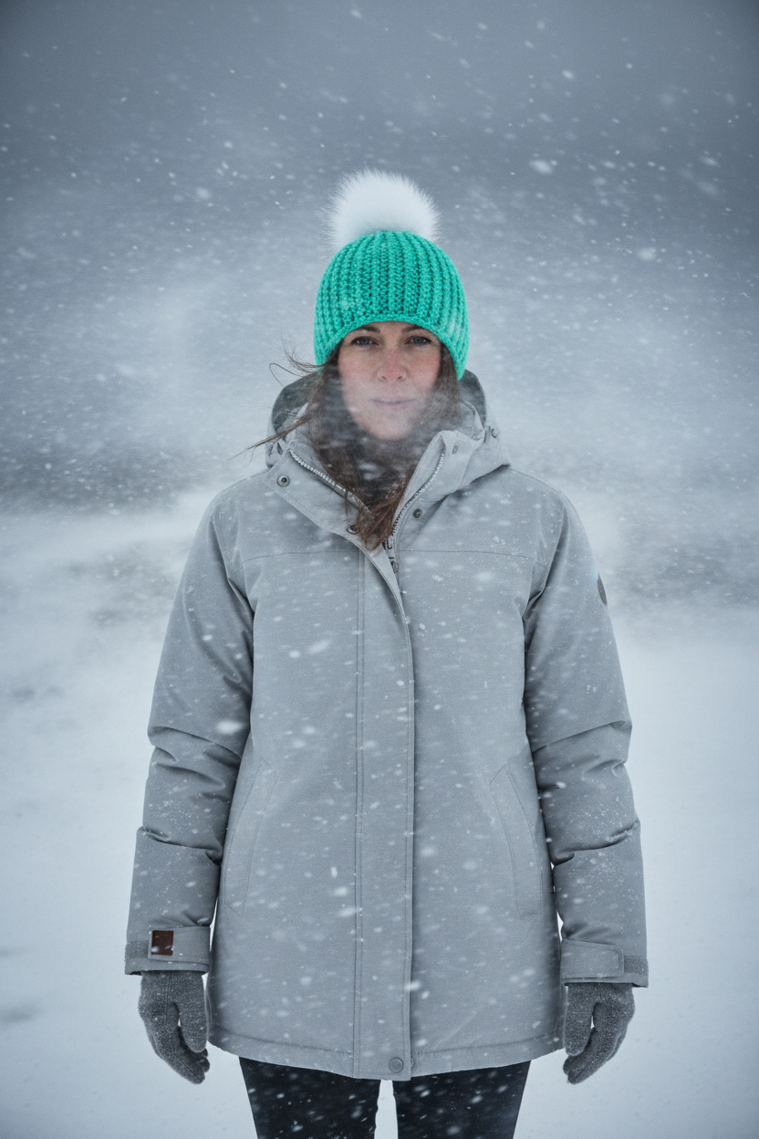 Woman wearing mint green Arctic Mint hand-crocheted ribbed beanie with white faux fur pom in snowy winter landscape.
