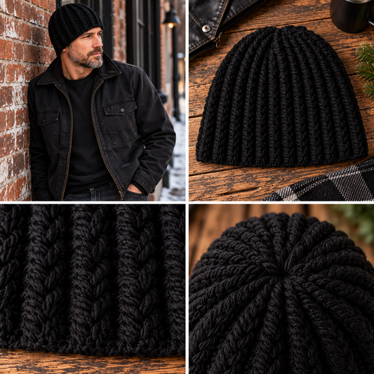 Black Label™ shown worn and laid flat with close-up views of the crochet texture and crown.