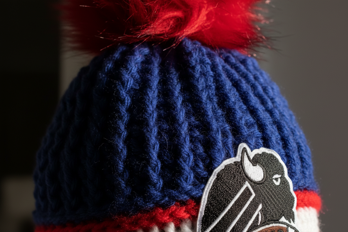 Close-up of a blue crochet beanie with a red pom-pom on top, a red and white striped brim, and a black buffalo patch on the side.