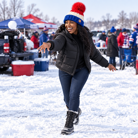 Buffalo Colorway™ No. 08 worn while playing in a snowy game-day tailgate.