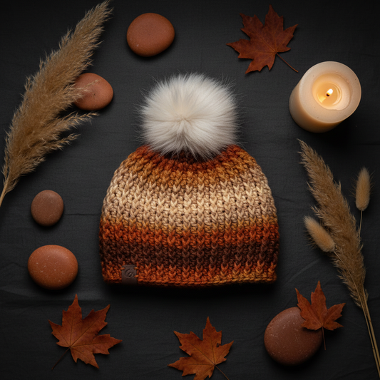 Canyon Glow crochet ribbed beanie with white faux fur pom in sunset gradient tones arranged in autumn flat lay.