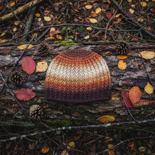 crochet skull cap no brim skull hugger in canyon desert tones showing ribbed texture in dry cold outdoor settingon rustic log surface