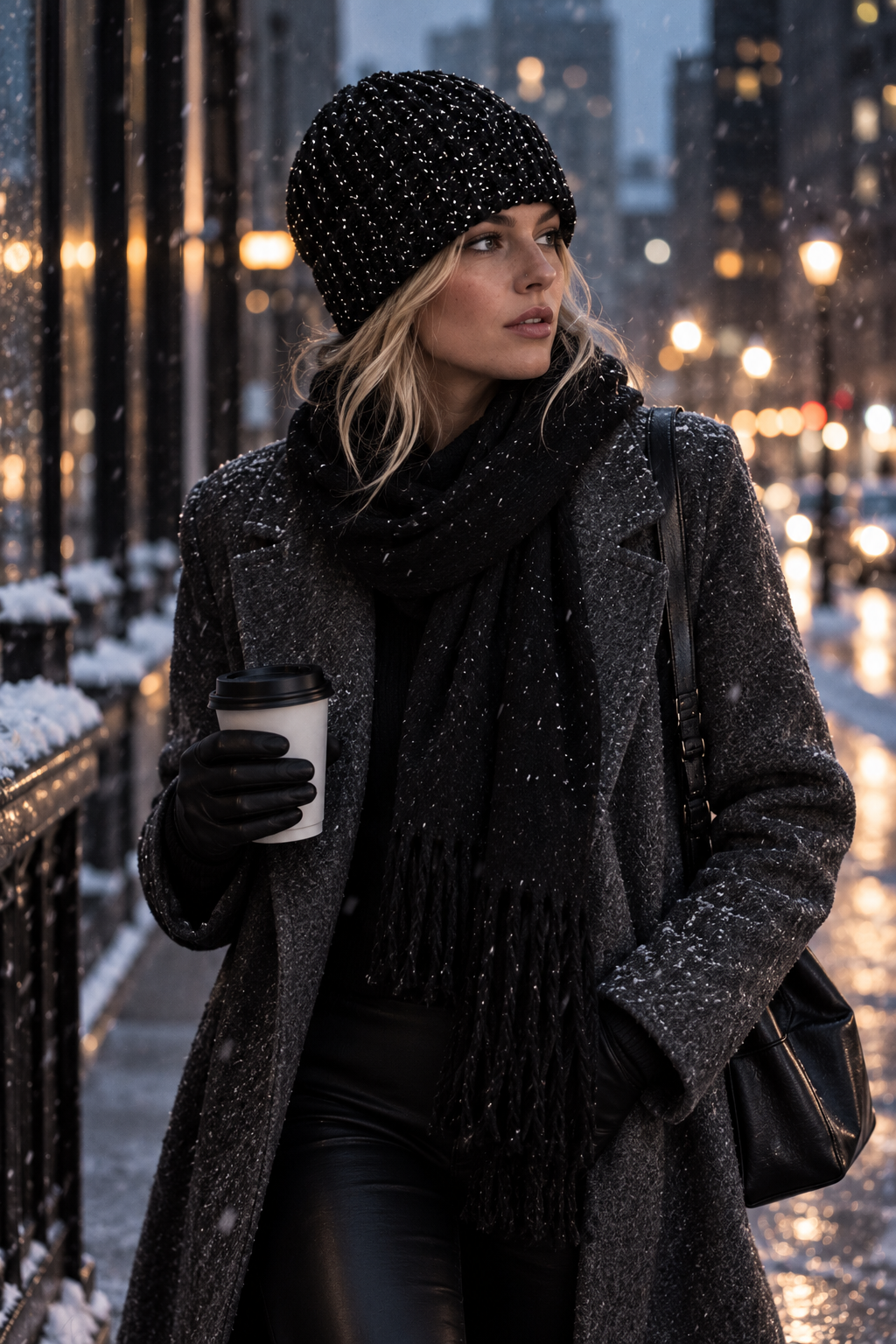 A woman wearing a black crochet beanie, black scarf, black gloves, and a dark gray textured coat stands on a snowy city street at dusk, holding a white coffee cup and carrying a black shoulder bag.