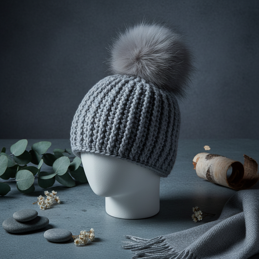 Crochet gray beanie with a pom-pom on a mannequin head against a dark background.