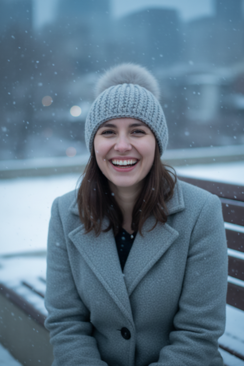 Woman wearing a gray coat and crochet hat sitting on a bench in a snowy outdoor setting.