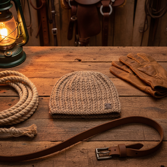Driftwood Skull Hugger crochet skull cap styled flat lay in rustic tack room setting
