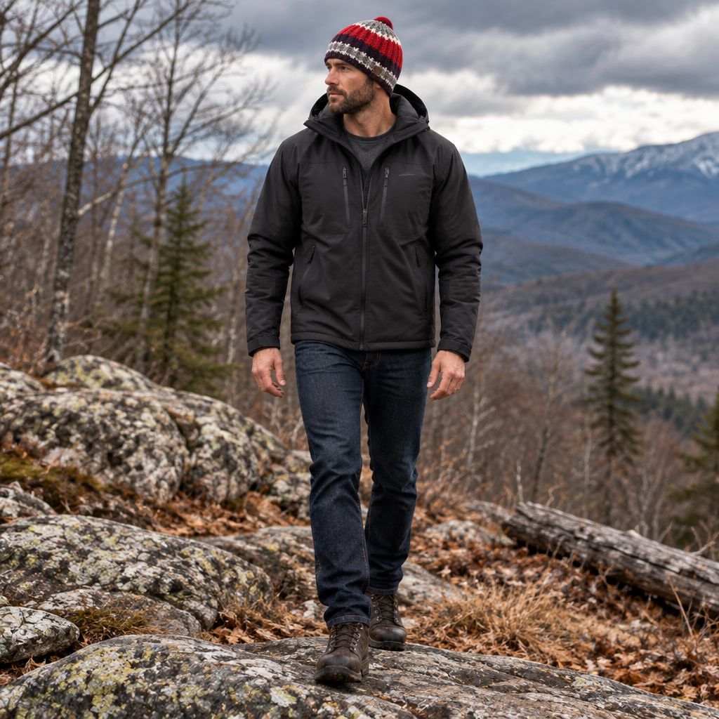 Eye of the Storm™ No. 2 handmade Big Noggin Thermal Crown™ beanie with Skull Hugger™ fit in plum, gray, cream and red, shown worn in a cold-weather mountain setting.