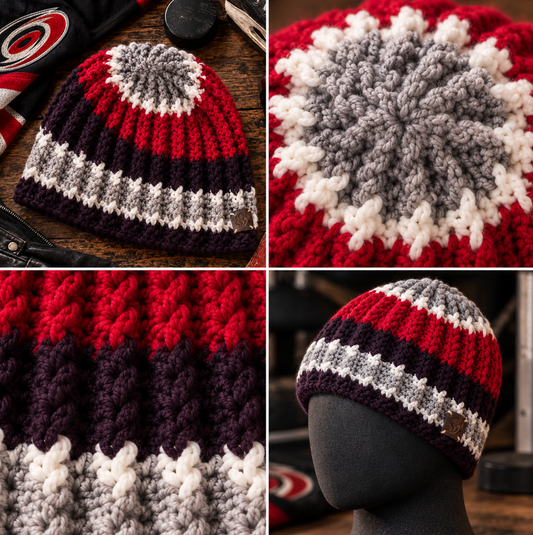 Eye of the Storm™ No. 2 Big Noggin crochet beanie with Thermal Crown™ and Skull Hugger™ fit, showing full hat, crown, stitch detail and mannequin view.