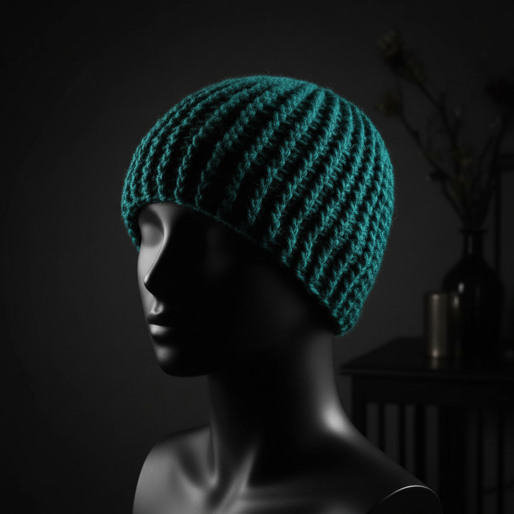 Teal crochet hat on a black mannequin against a dark background
