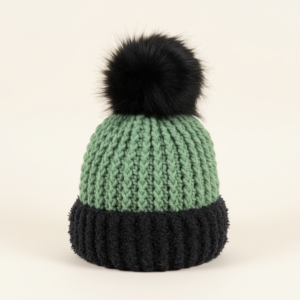 Forest Floor™ handmade green crochet beanie with plush black chenille folded brim and oversized black faux-fur pom.