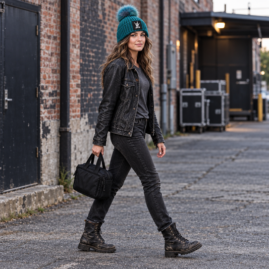Rock Anthem™ No. 11 teal handmade Classic Rib™ beanie with Flat Head Crown™, blue faux-fur pom and black ROCK hand-horns patch, shown worn backstage.