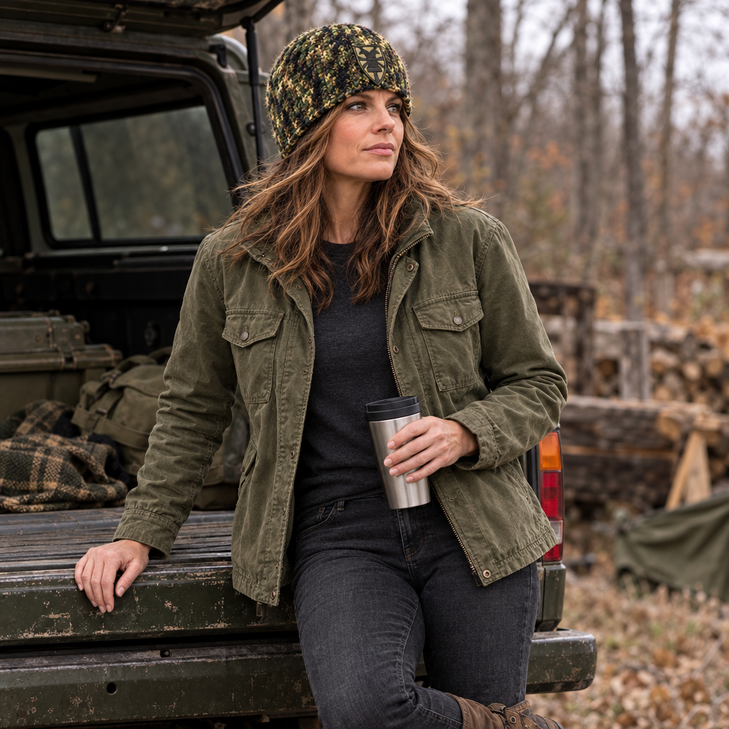Woman wearing Home Front™ No. 07 beside an olive utility vehicle in a late-fall outdoor setting.