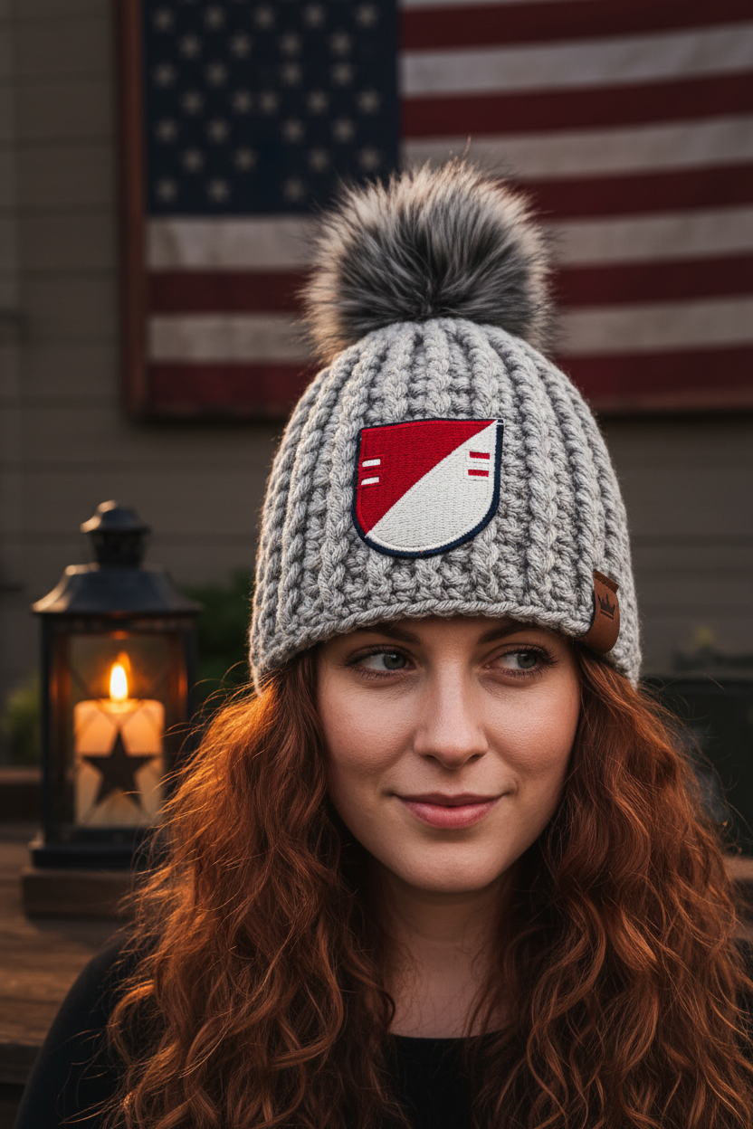 Full-body lifestyle view of Home Front™ No. 2 grey crochet beanie with 17th Cavalry patch and faux-fur pom.