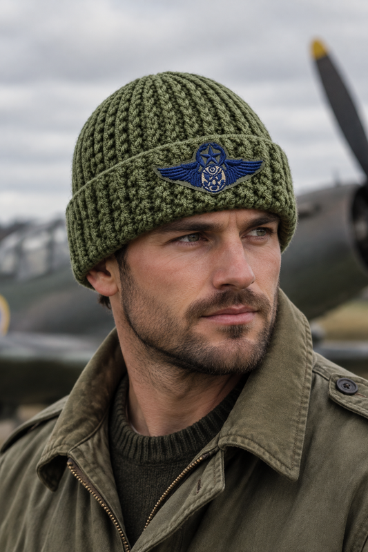 Man wearing Home Front No. 4 olive green Classic Rib beanie with U.S. Army Senior Aviator patch