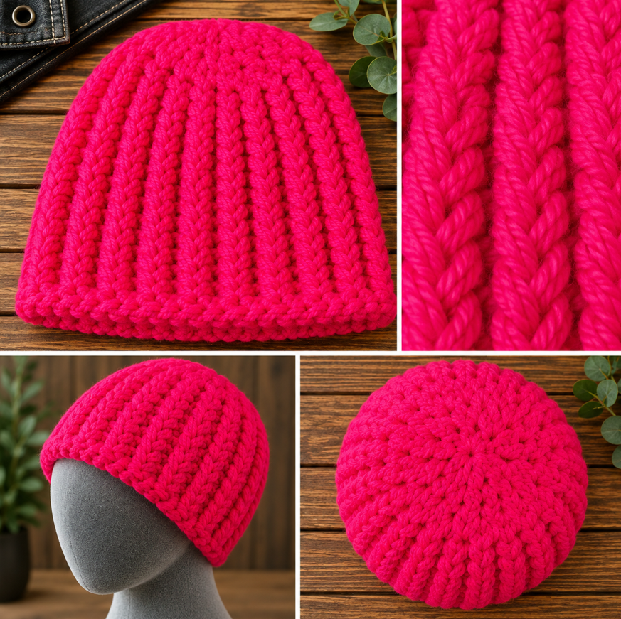 Hot Ticket bright pink Extra Toasty crochet beanie showing styled flat lay, deep rib stitch detail, gray mannequin fit and ThermaCrown top view