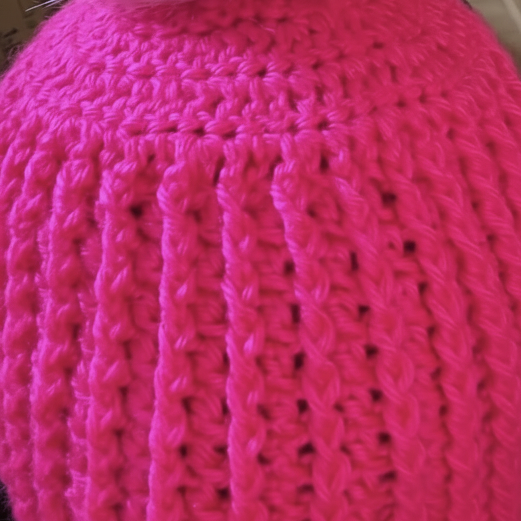 Super zoom close up of Ignite crochet beanie highlighting bold ribbed winter stitch texture