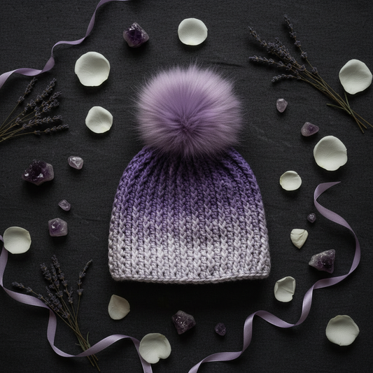 Lavender Reserve ribbed crochet beanie styled still life highlighting structured cold-climate construction
