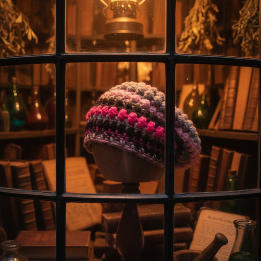 Love Spell No. 01 Raga-Noggin™ crochet beanie viewed through a warmly lit shop window