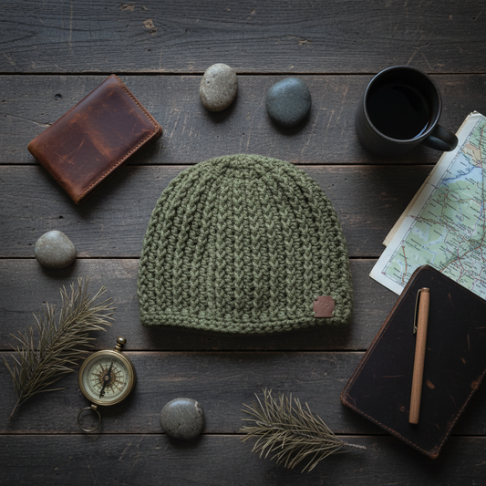 Mossline Skull Hugger green crochet skull cap by Warm Noggin featuring structured rib texture and close-fitting design for cold weather wear