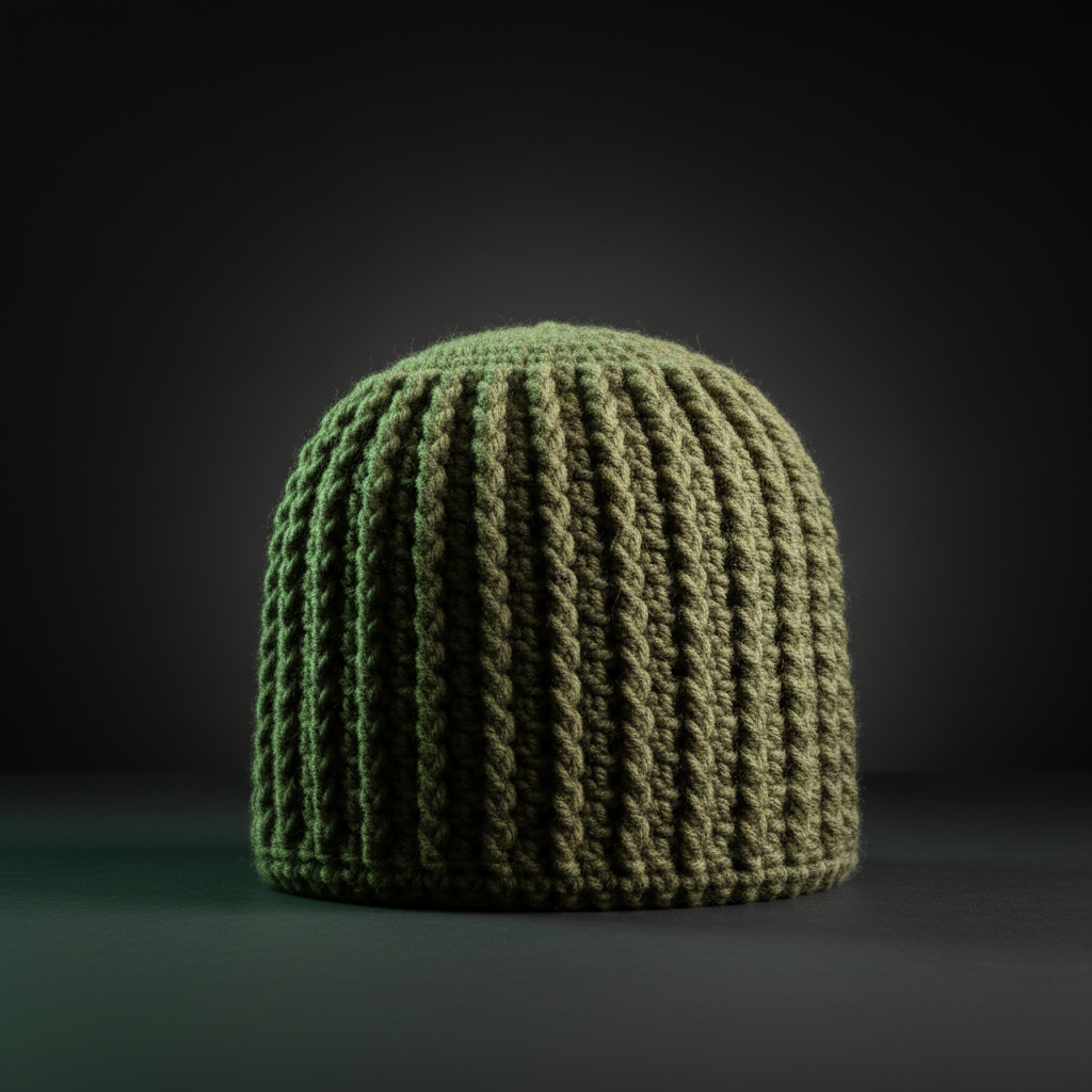 Studio Standalone of Mossline Skull Hugger green crochet skull cap by Warm Noggin featuring structured rib texture and close-fitting design for cold weather wear