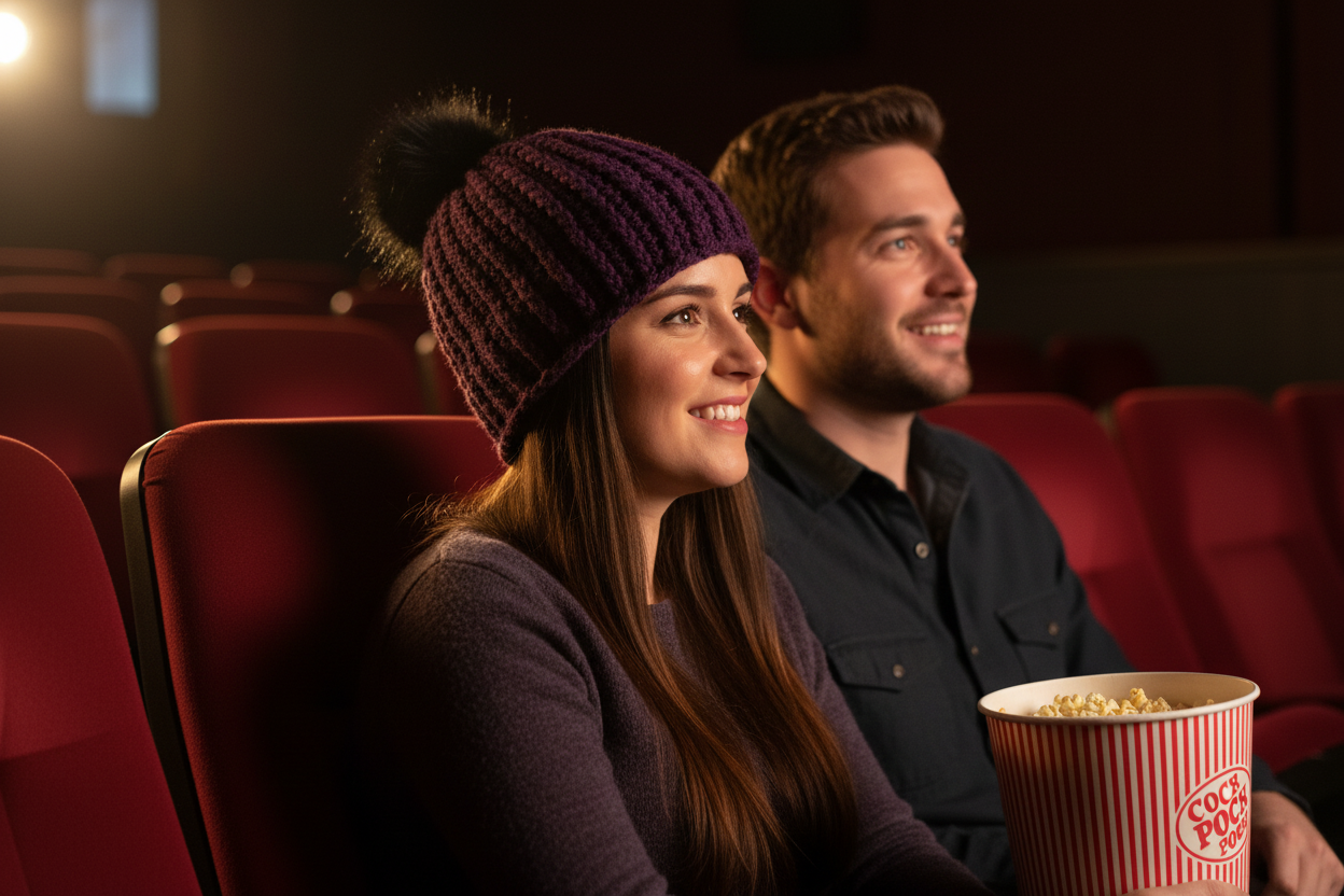 Movie Night — Faces Lit by Screen, Sharing Popcorn