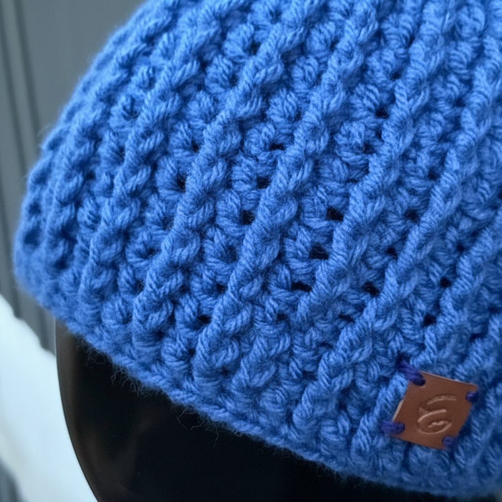 Close-Up Texture of Open Sky ribbed Skull Hugger, Skull Cap crochet beanie styled flat lay highlighting structured for cold-weather