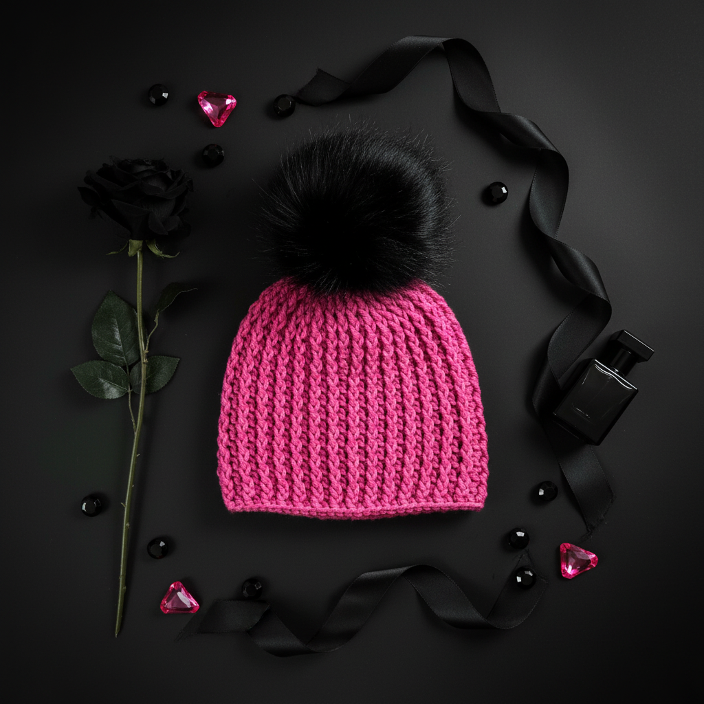 hot pink crochet beanie with pom worn at night in city setting showing bold color and winter style Flat Lay