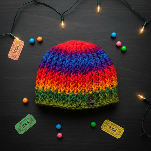 Prism Current skull cap skull hugger crochet beanie in bold multicolor striped yarn styled in vibrant flat lay composition for winter wear