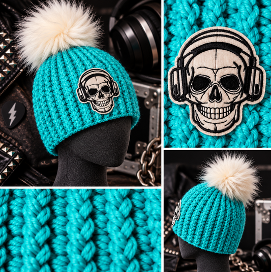Rock Anthem™ No. 09 shown on a charcoal mannequin with skull patch, crochet stitch and white pom details.