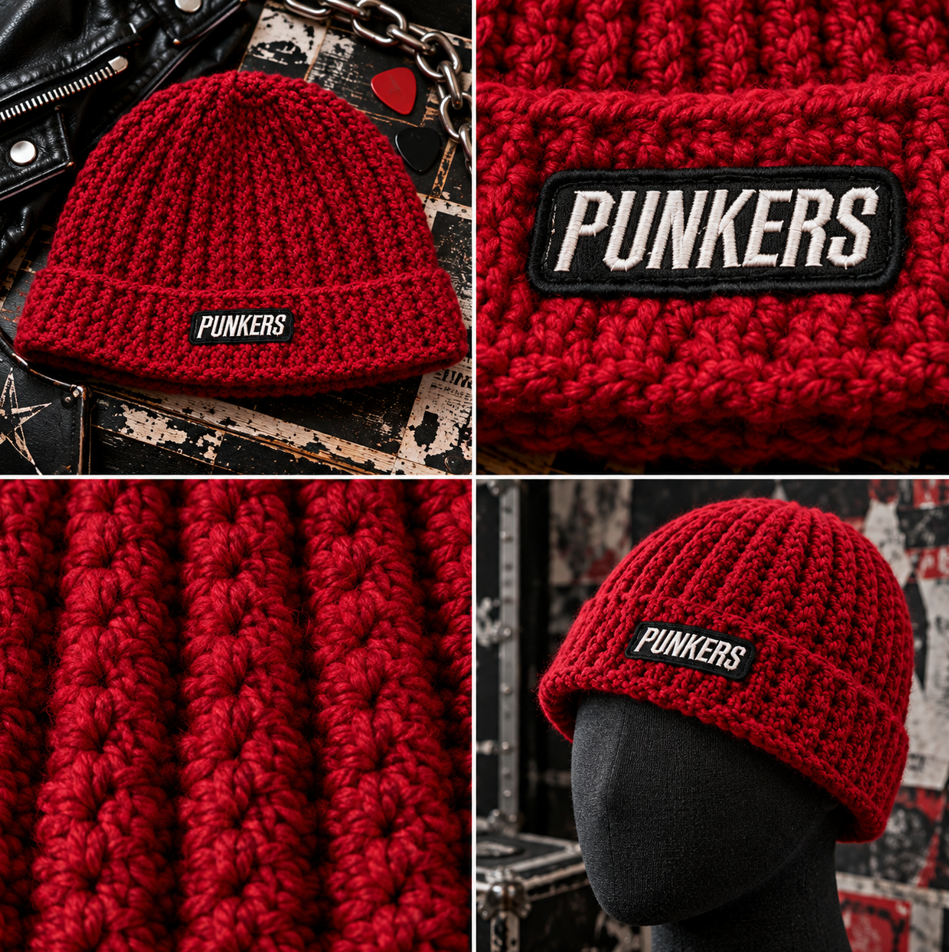 Rock Anthem™ No. 12 handmade crimson crochet beanie shown with full flat lay, hand-stitched PUNKERS patch, Classic Rib™ stitch detail and mannequin view.
