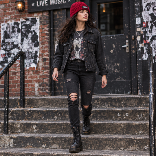Rock Anthem™ No. 12 crimson brimmed winter beanie with hand-stitched PUNKERS patch, shown worn in a punk-rock live-music venue setting.