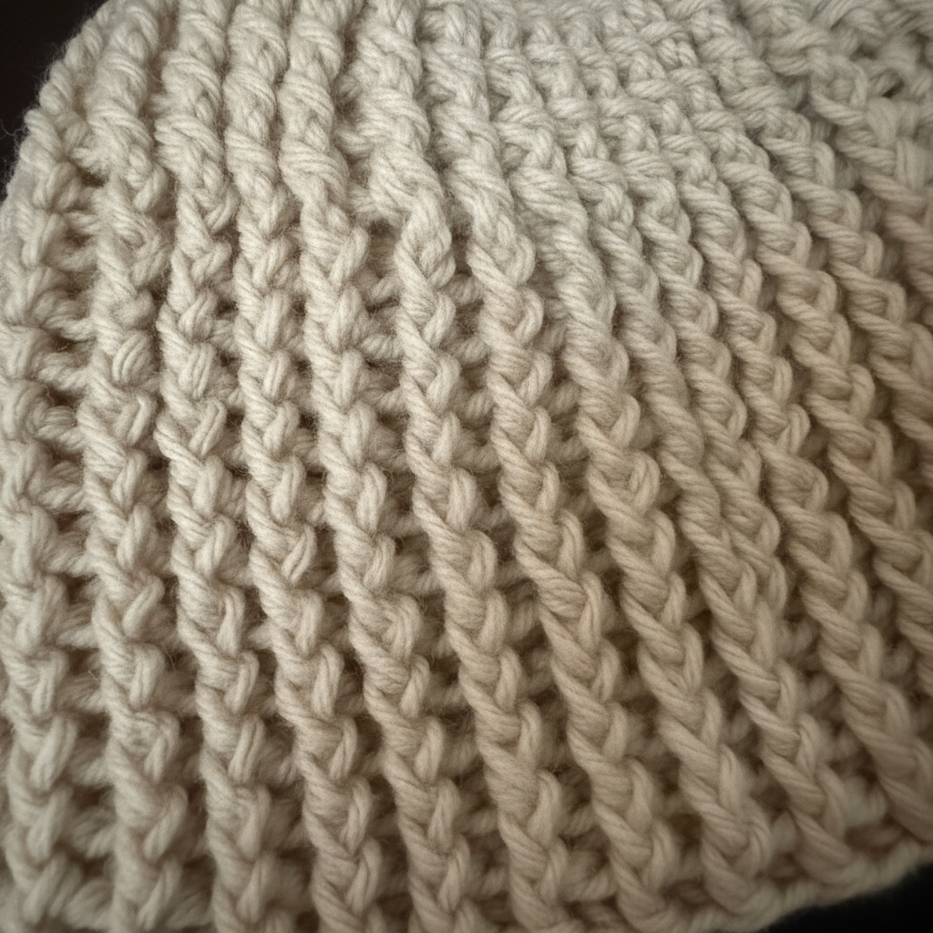 Neutral extra warm crochet beanie with dense reversible design and removable pom option for cold weather showing crochet stitch V shaped Texture