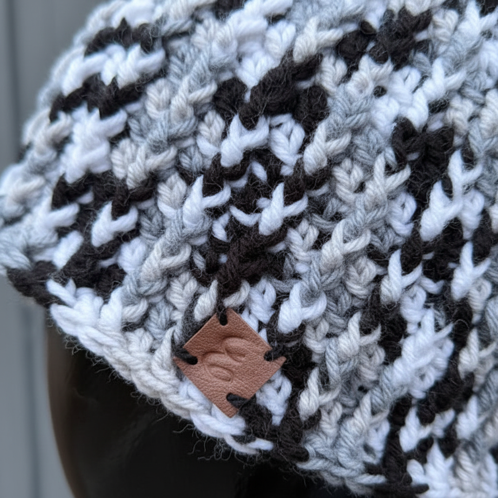 Snow Drift ink ribbed crochet beanie showing dense cold-weather stitch texture