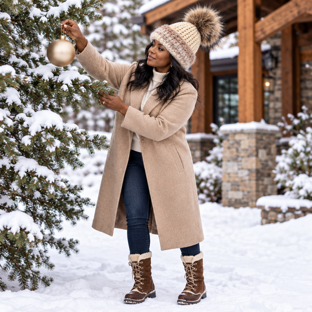 Woman wearing Soft Threat™ outdoors in the snow with its plush brim and oversized pom visible.
