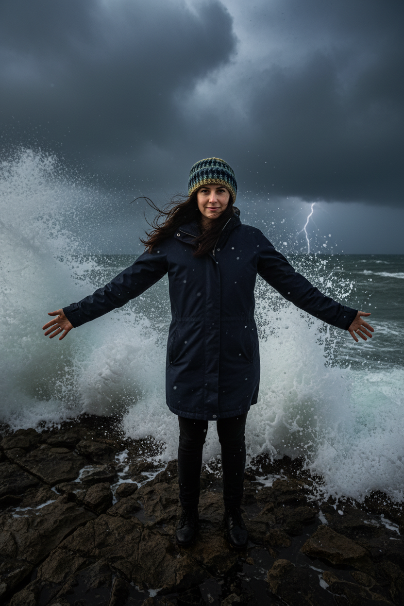 Person standing on a rocky shore with arms outstretched, facing large waves and dark stormy skies.