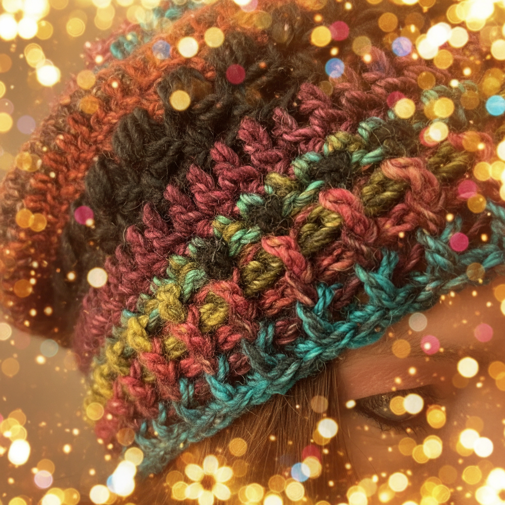 A close-up of a hand-crocheted beanie hat featuring a multicolor pattern of teal, burgundy, olive green, and brown yarn, shown on a person's head with a warm, glowing bokeh background.