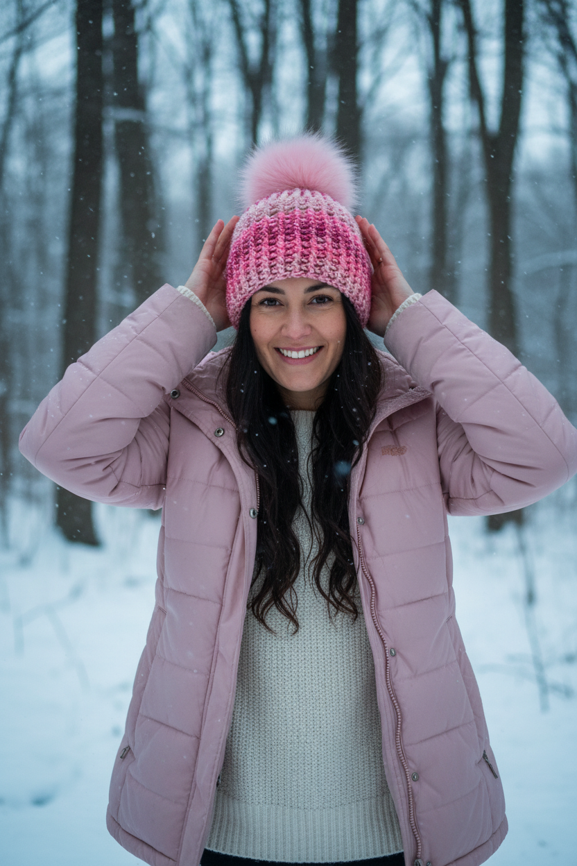 Woman wearing a pink coat and pink crochet hat in a snowy forest