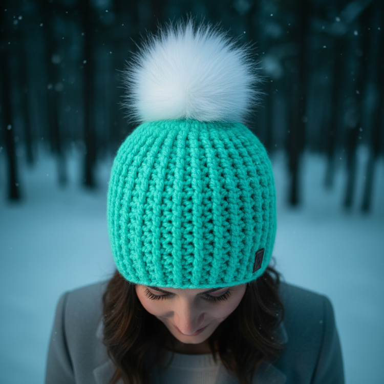 Mint green Classic Rib™ Big Noggin crochet beanie with white pom pom worn in winter setting