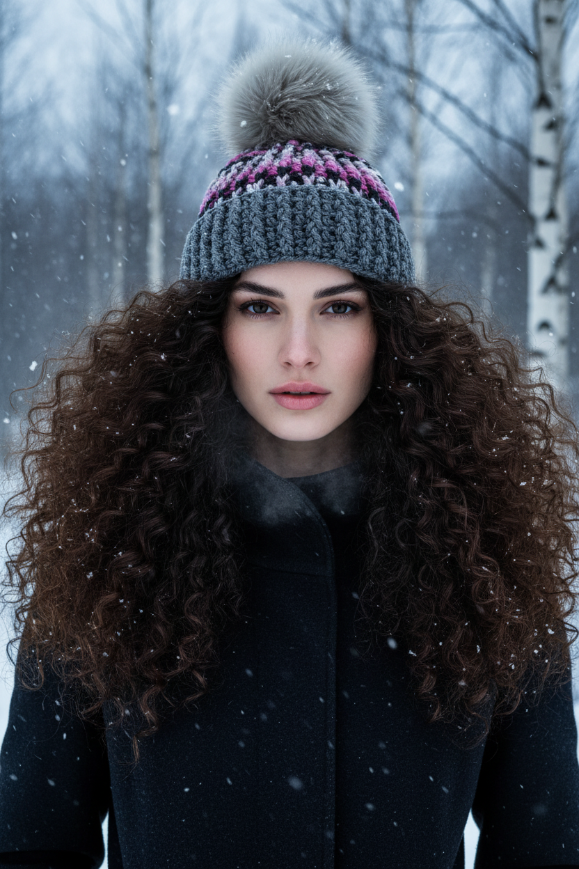 Ash and Orchid™ handmade crochet beanie featuring orchid pink, charcoal, and gray variegated yarn, oversized gray ribbed brim, and oversized faux fur pom. Worn on model with big hair in the snow