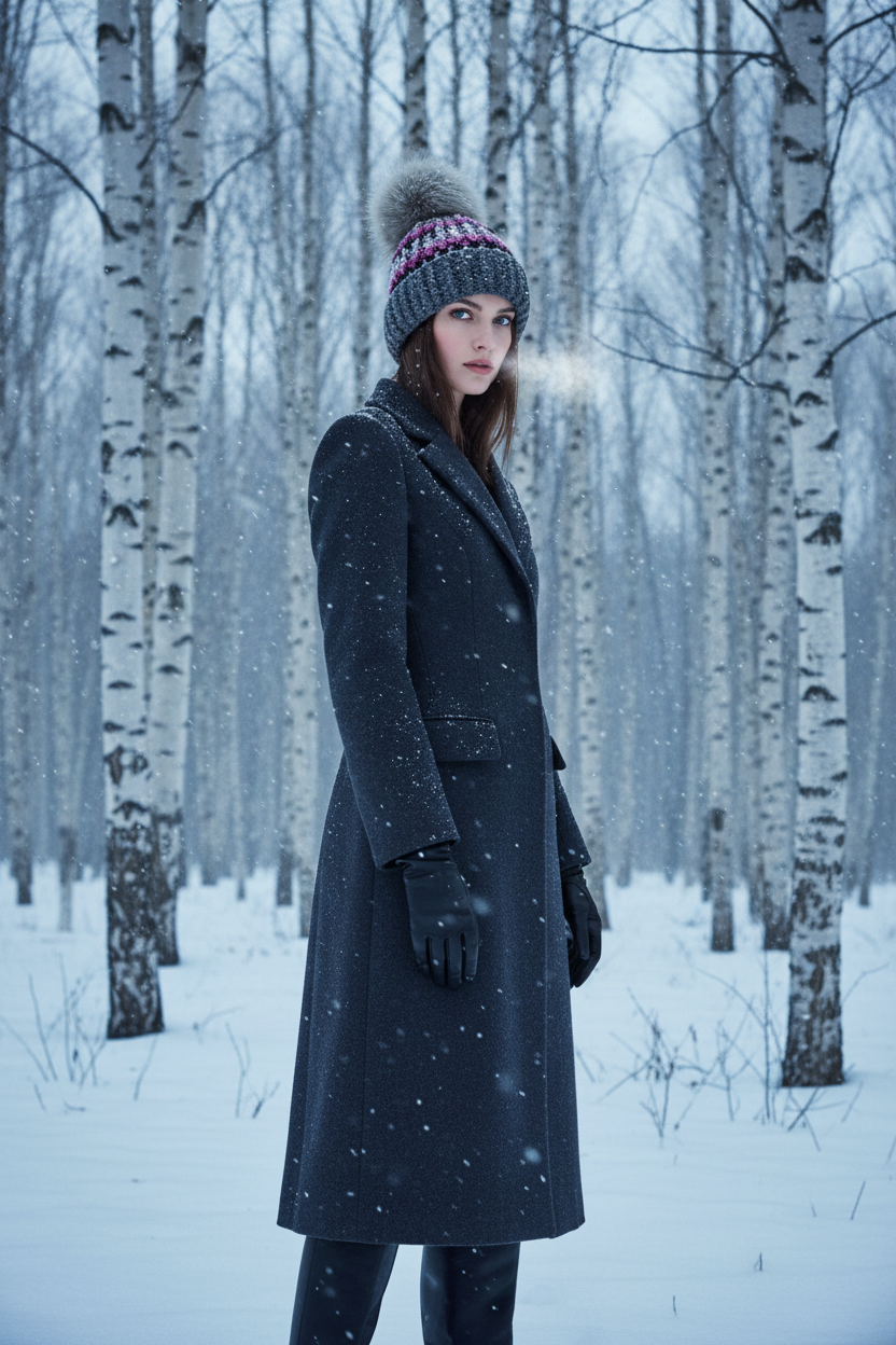Ash and Orchid™ handmade crochet beanie featuring orchid pink, charcoal, and gray variegated yarn, oversized gray ribbed brim, and oversized faux fur pom. Worn on model showing full body in wool coat in the snow surrounded by white aspen trees
