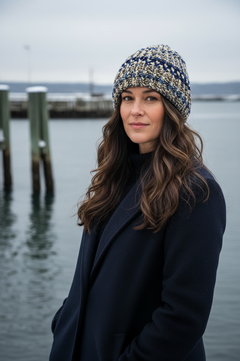 A woman standing outdoors by the water wearing a navy, cream, and blue crochet beanie and a dark navy coat.