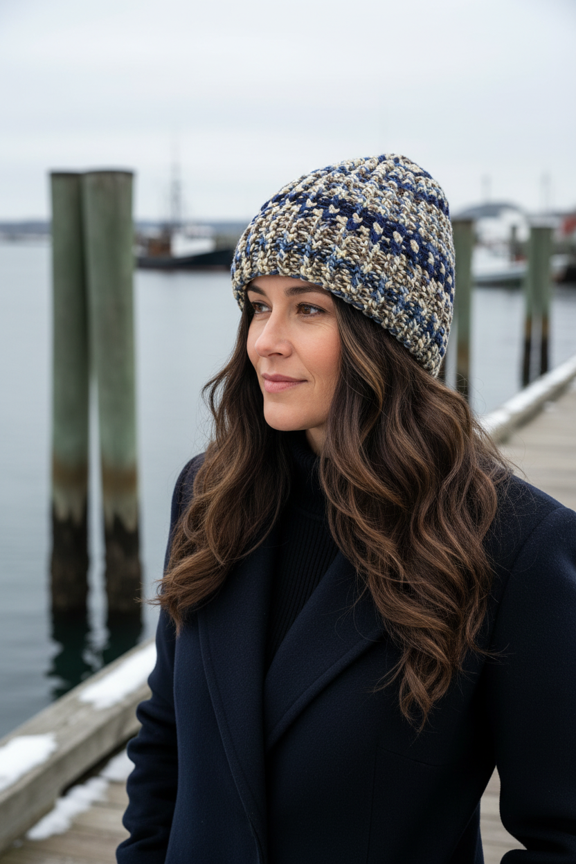 A woman wearing a navy, cream, and beige crochet beanie hat and a dark navy coat, standing on a wooden dock with water and pilings in the background.