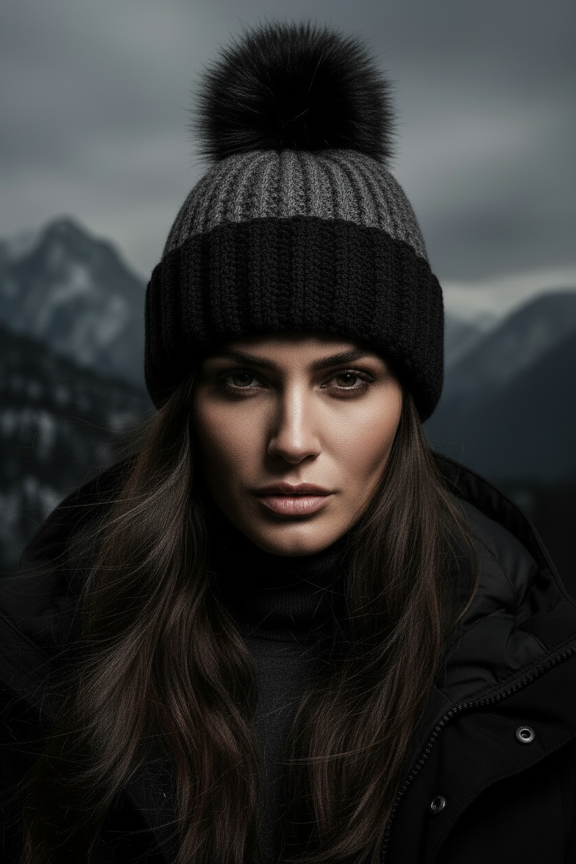 A woman wearing a dark gray and black crochet beanie with a large black pom-pom, photographed outdoors against a moody mountain backdrop.