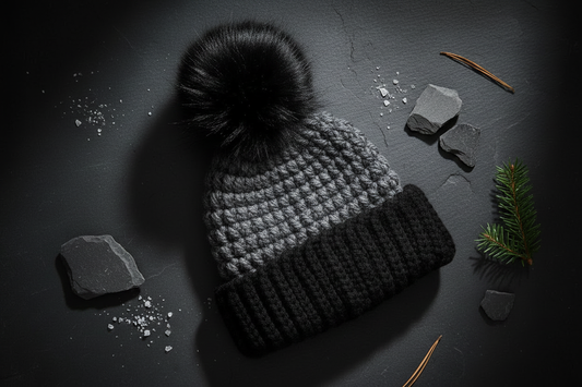 A black and gray crochet pom-pom beanie hat styled on a dark slate surface with small decorative stones, pine needles, and a sprig of evergreen branches.
