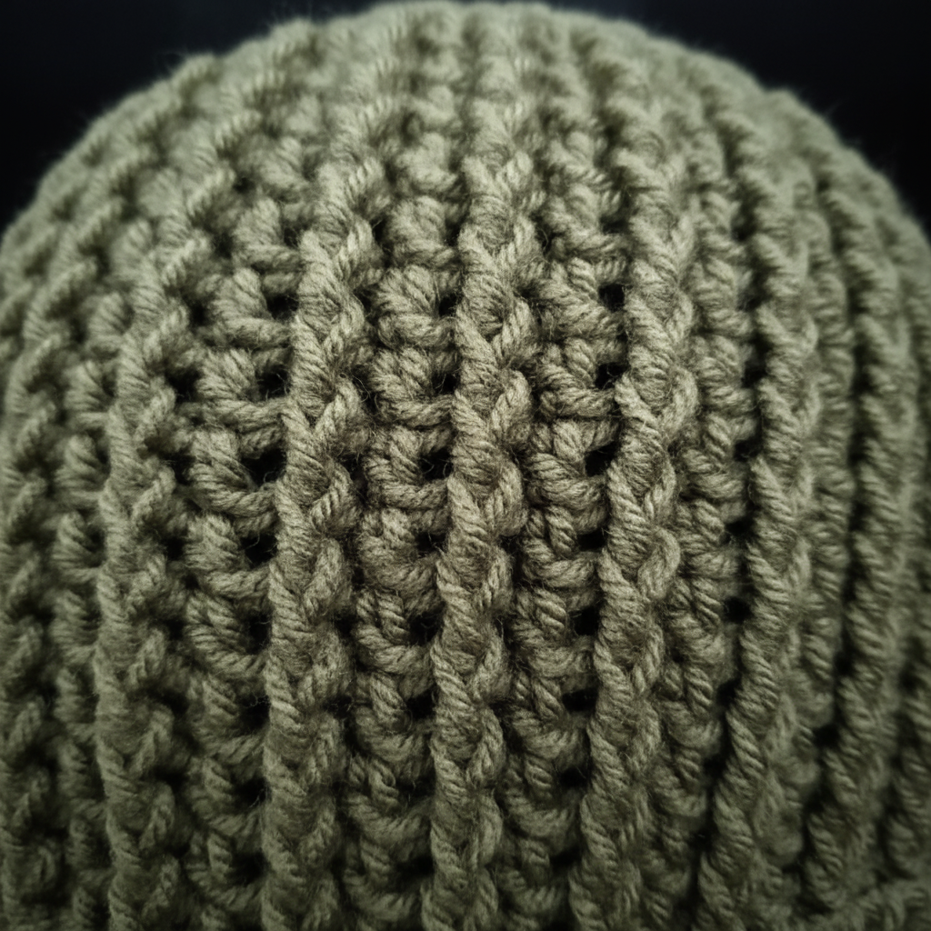 Close Up of V shape stitch texture of Mossline Skull Hugger green crochet skull cap by Warm Noggin featuring structured rib texture and close-fitting design for cold weather wear
