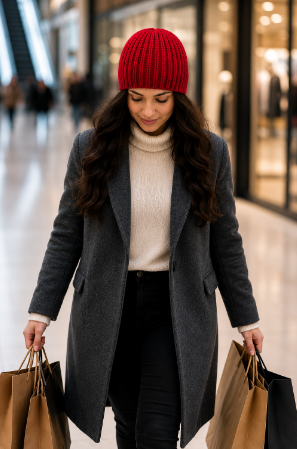 A woman walking through a shopping mall wearing a red crochet beanie, a long gray coat, a cream turtleneck, and black pants, holding brown and black shopping bags.